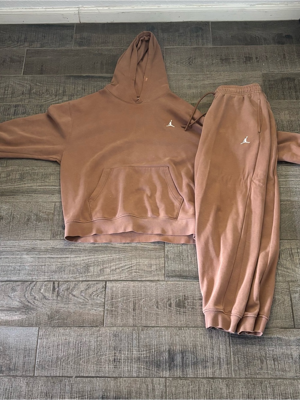 Jordan Matching Fleece Hoodie & Sweatpants Set Brown Men's Large - FLAWED